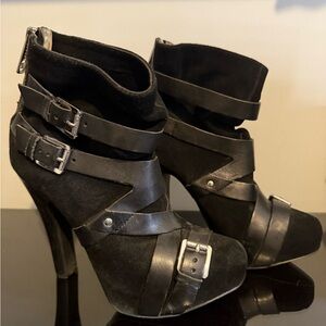 Michael Kors Black Suede and Leather Belted Strap Heeled Boots